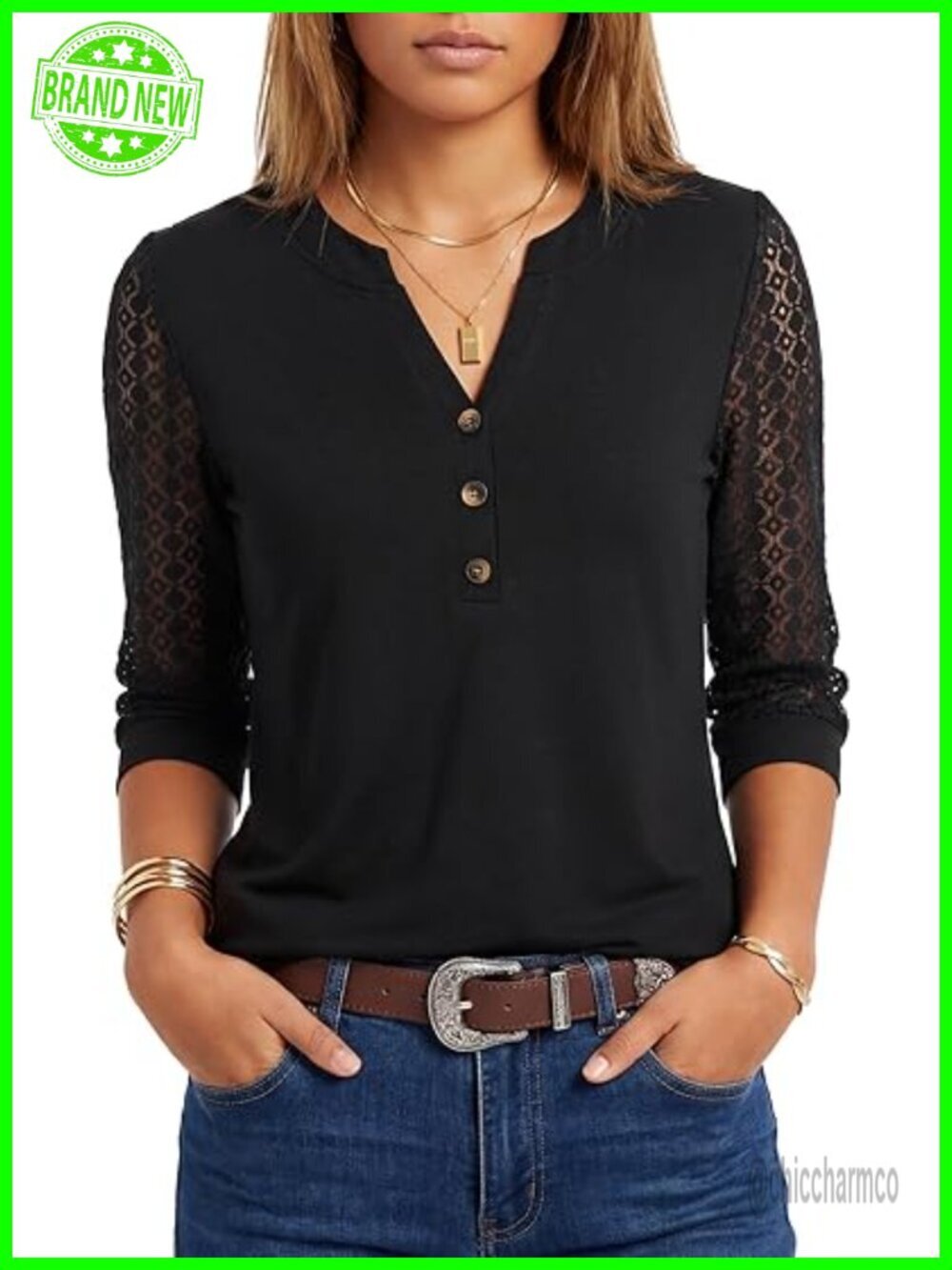 3/4 Length Lace Sleeve Henley V Neck Dressy Casual Blouse Top